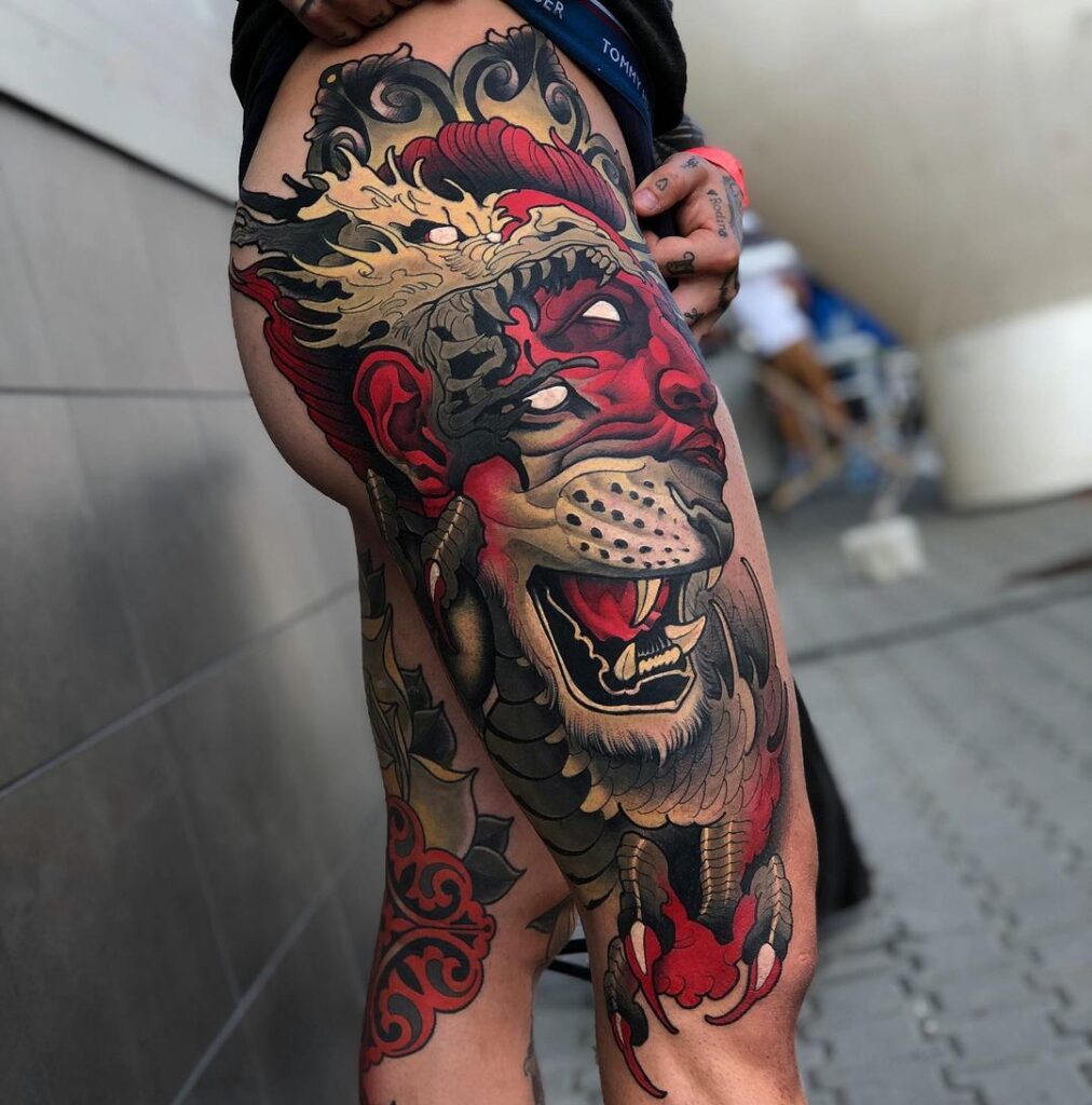 tatuagem masculina, desenho de tatuagem na perna inteira